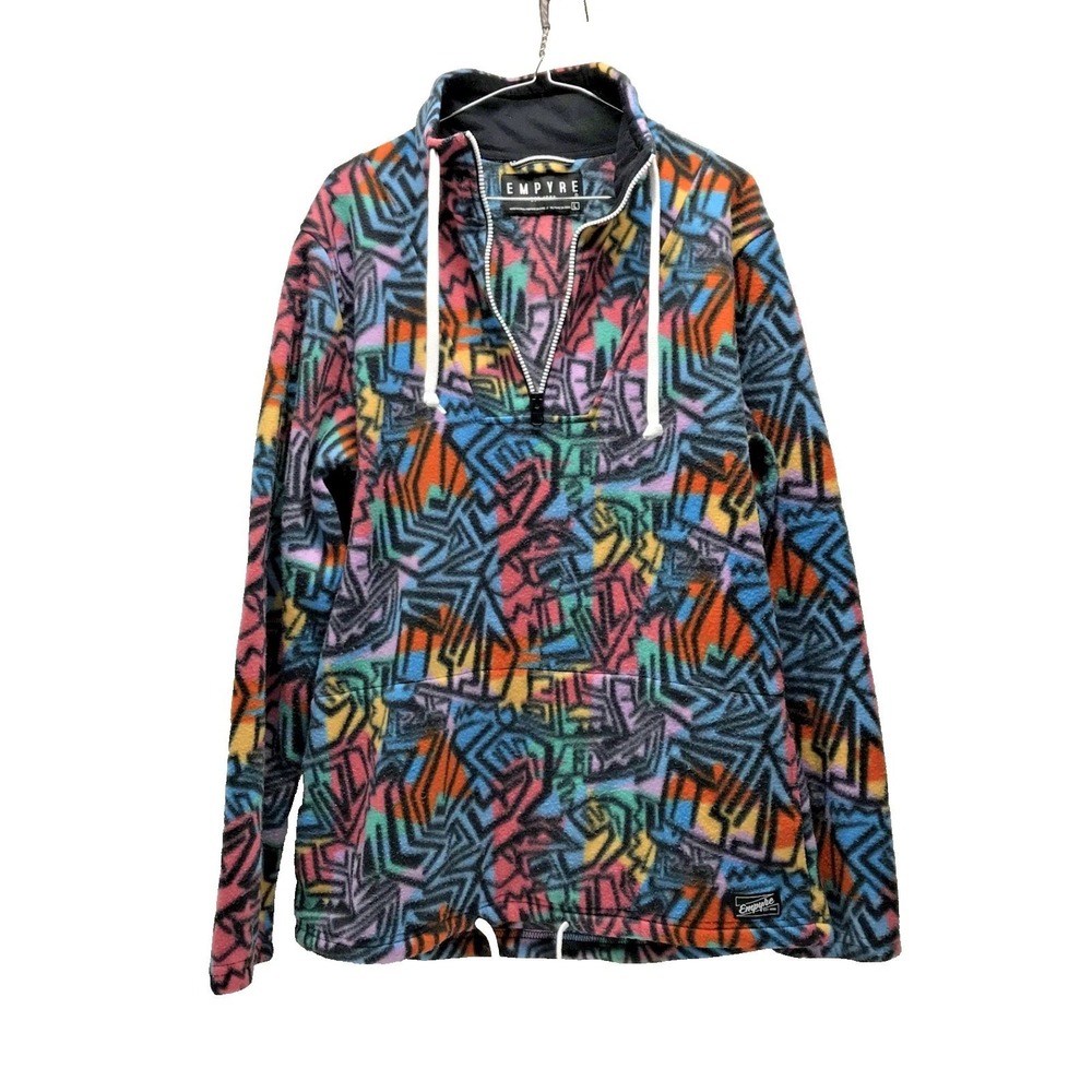 Empyre sweater Mens Large Drawstring abstract Print Y2K Pink Blue Green Vintage